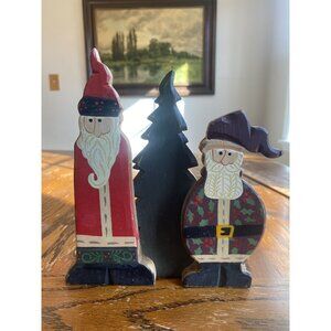 Vintage Christmas Handmade Wooden Santa & Tree Figurines